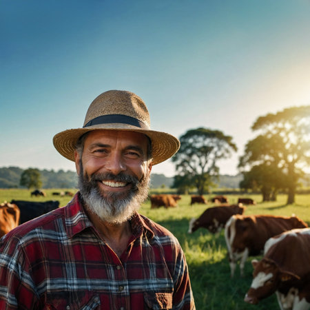 Middle-aged Farmer with Hat Standing in a Green Field with Cattle Under a Cinematic Blue Sky in Brazilの素材