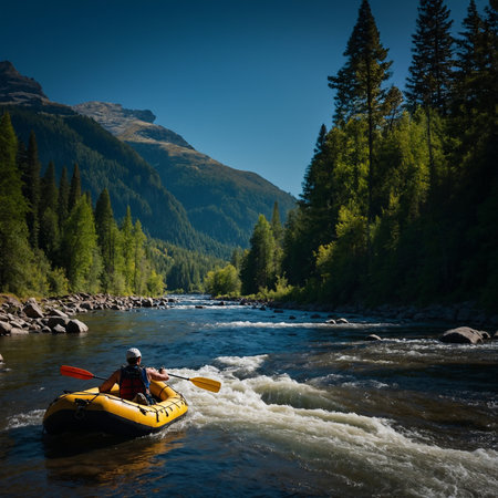 River rafting - Cinematic River at Forest with People, space for textの素材