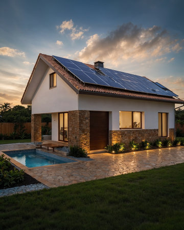 Modern House with Photovotaic Solar Panel Installation on a roof at suset.の素材