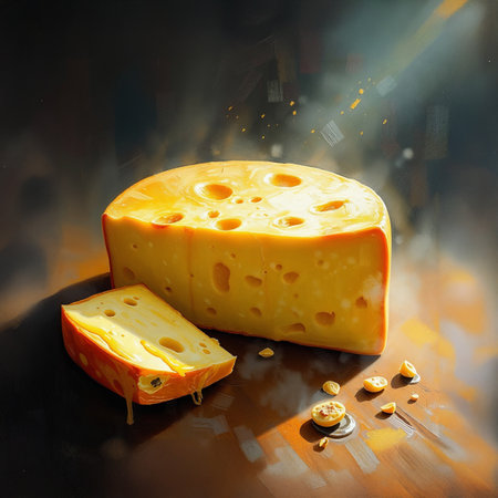 Cheese - An ultra-realistic Image of a Yellow cheese on the wooden tableの素材