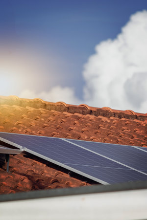 Photovoltaic Panels at Roof Solar in a Cinematic Day.の写真素材