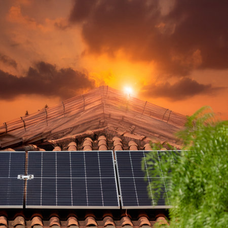 Photovoltaic Panels at Roof Solar in a Cinematic Day.の写真素材
