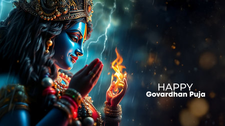 Happy Govardhan Puja Template Card â Lord Krishna Lifting the Govardhan Hillの素材