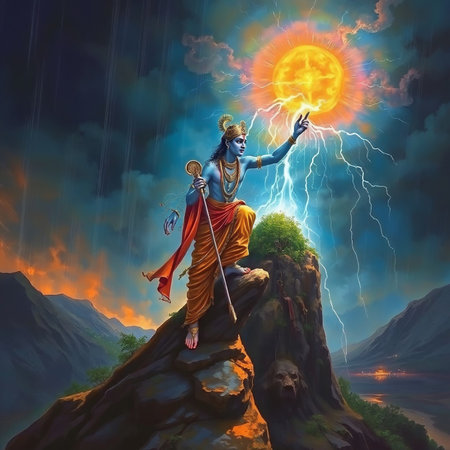 Happy Govardhan Puja Template Card â Lord Krishna Lifting the Govardhan Hillの素材