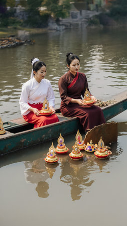 Women in Traditional Thai Dresses Celebrating the Loy Krathong Festivalの素材