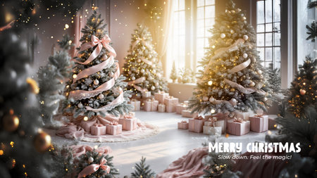 Cozy living room decorated for Christmas with glowing tree lights, wrapped gifts, and a vintage television set.の素材