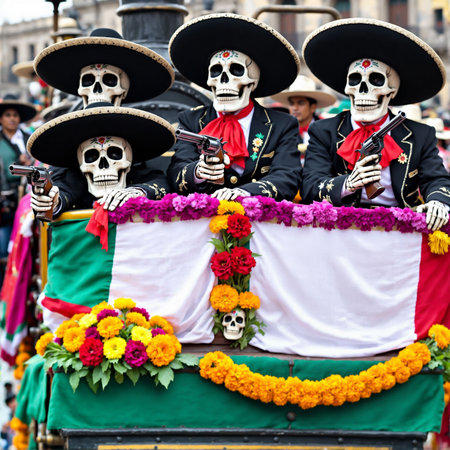 Day of the Dead parade with colorful crowd and three skeleton mariachi figures dressed in traditional costumes.の素材
