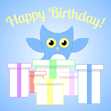 Cute Blue Owl with Colored Gifts for Birthday Party. Vector Illustration for Your Design, Game, Card.のイラスト素材