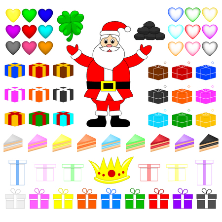 Flat Vector Set of Colorful Items Related to Christmas and New Year Theme. Santa Claus, Gifts, Cheesecakes, Hearts, Crown, Clover. Gift or Coal. Christmas Elements for Your Design.のイラスト素材