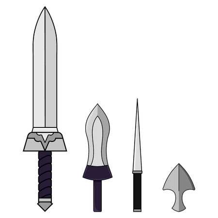 Cartoon Set of Different Swords isolated on white background. Medieval Weapons. Adventure Items. Vector illustration for Your Design, Game, Card, Web.のイラスト素材