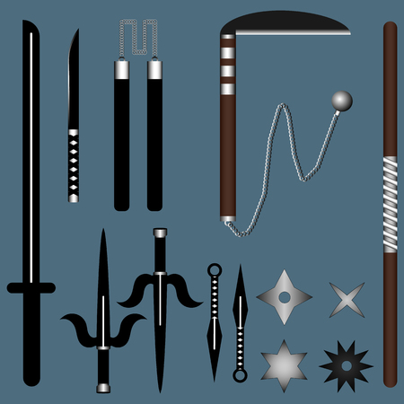 Set of Ninja Weapon isolated on dark background. Katana, Sai, Kusarigama, Nunchucks, Kunai, Stick, Shuriken. Vector Illustration for Design, Game, Card, Web.のイラスト素材