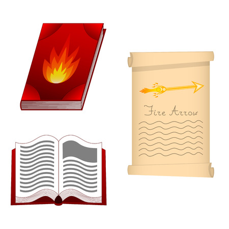 Spell book of fire element for Your Design, Game, Card. Fire Arrow. Ancient book with mystic spells and enchantments. Isolated GUI design elements. Vector Illustration.のイラスト素材