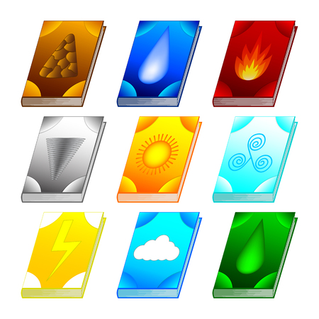 Set of Spell books for Your Design, Game, Card. Ancient books with alchemy recipes and mystic spells and enchantments. Isolated GUI design elements. Vector Illustration.のイラスト素材