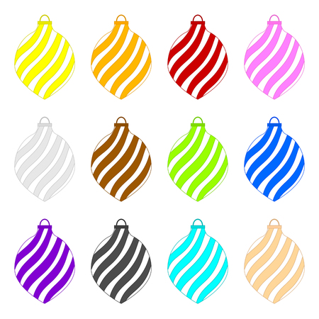 Colorful Christmas Spiral Toys Set isolated on white background. Holiday Christmas Swirl Toy for Fir Tree. Cartoon Style. Vector Illustration for Your Design.のイラスト素材