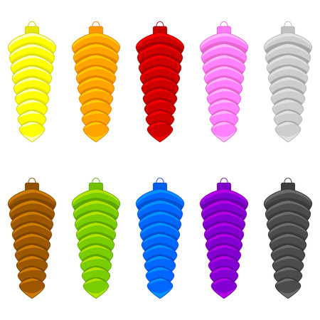 Colorful Christmas Spiral Toys Set isolated on white background. Holiday Christmas Swirl Toy for Fir Tree. Cartoon Style. Vector Illustration for Your Design.のイラスト素材