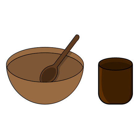 Cartoon Wooden Bowl, Cup and Spoon isolated on white background. Medieval Crockery for Adventure. Vector illustration for Your Design, Game, Card.のイラスト素材