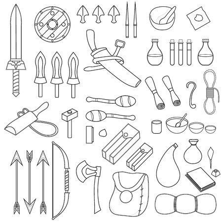 Collection of 46 Items for Adventure isolated on white background. Adventurer Equipments. Medieval Weapons, Bags, Magic Potions, Crockery, Torchs, Bow, Scroll. Vector illustration for Your Design.のイラスト素材