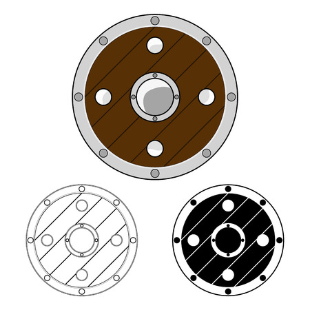 Cartoon Circle Shield isolated on white background. Knight Equipment. Adventure Items. Vector illustration for Your Design, Game, Card, Web.のイラスト素材