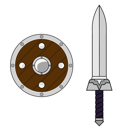 Cartoon Sword and Shield isolated on white background. Medieval Weapon. Adventure Items. Vector illustration for Your Design, Game, Card, Web.のイラスト素材