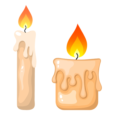 Collection of Burning Candles from Paraffin Wax for Your Design, Game, Card. Vector Illustration isolated on white background. Cartoon Style. Holiday Elements.のイラスト素材