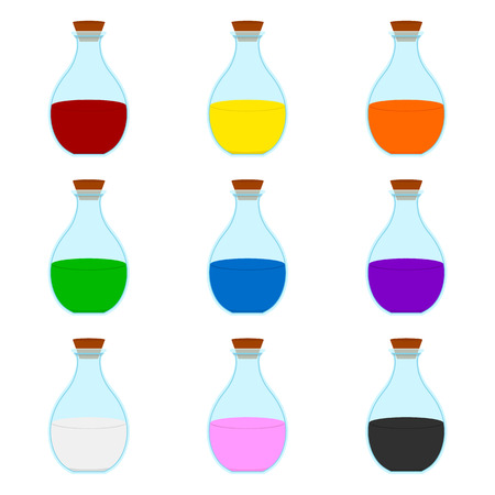 Set of Colored Cartoon Magic Elixir Flask isolated on white background. Wizard or Witch Items. Vector illustration for Your Design, Game, Card, Web.のイラスト素材