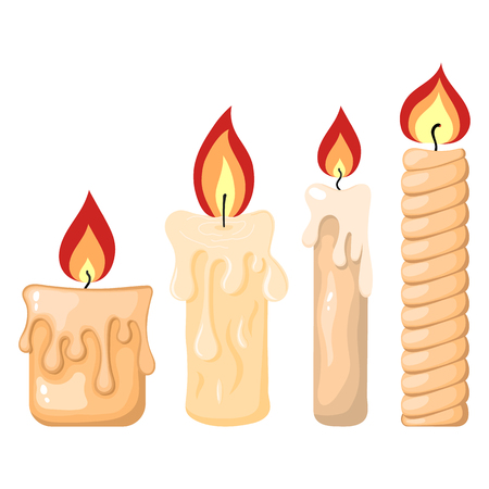 Collection of Burning Candles from Paraffin Wax for Your Design. Vector Illustration isolated on white background. Cartoon Style. Holiday Elements.のイラスト素材