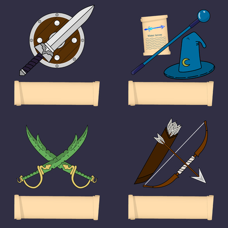 Warrior, Wizard, Rogue, Ranger. Main Role Classes. Select Your Class. Vector Illustration.のイラスト素材