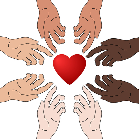Concept of Charity and Donation. Hands Give Love. Race Equality. Everyone Deserves Love. Give and Share Your Love to People. Vector Illustration.のイラスト素材