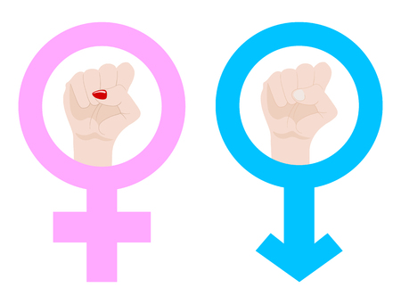 Gender Equality. Male and female, man and woman symbols. Blue and pink colors. Raise fists. Vector Illustration isolated on white background.のイラスト素材