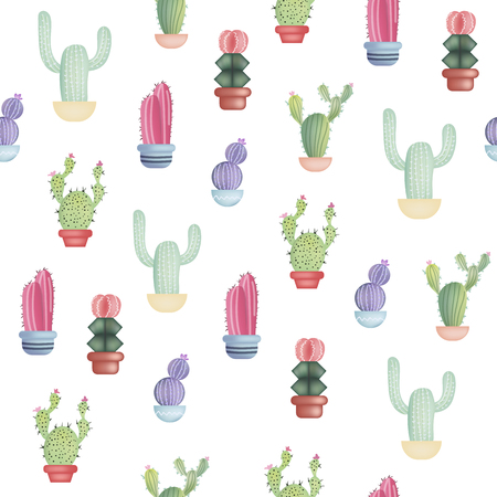 Seamless pattern with different colorful realistic cactuses in pot. Vector illustration isolated on white background.のイラスト素材