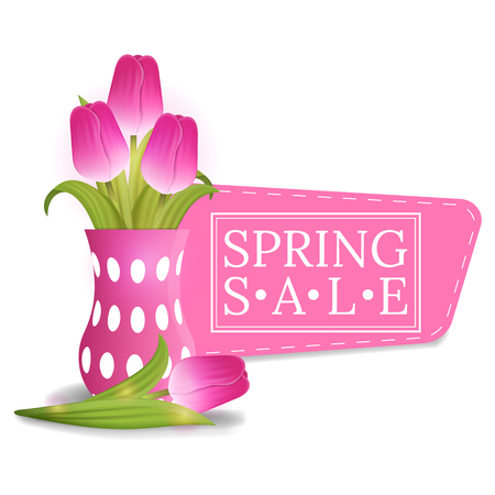 Spring Sale Banner with Bouquet of Tulips. Voucher, wallpaper,flyers, invitation, posters, brochure, coupon discount,greeting card. Vector illustration.のイラスト素材