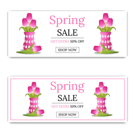Spring Sale Banner Template Background with Bouquet of Tulips. Voucher, flyers, invitation, posters, brochure, coupon discount,greeting card. Vector illustration.のイラスト素材