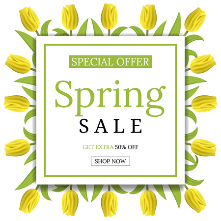 Spring Sale Banner Template Background with Yellow Tulips. Square Frame of Tulips. Voucher, wallpaper,flyers, invitation, posters, brochure, coupon discount,greeting card. Vector illustration.のイラスト素材