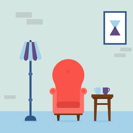 Interior of the living room. Vintage cozy red armchair, abstract picture, lamp and chair with cups in room. Interior elements. Vector illustration.のイラスト素材
