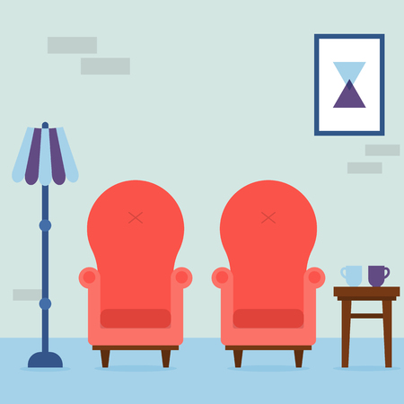 Interior of the living room. Vintage cozy red armchairs, abstract picture, lamp and chair with cups in room. Interior elements. Vector illustration.のイラスト素材