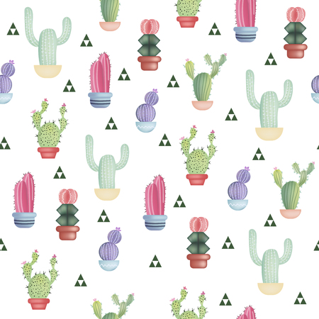 Seamless pattern with different colorful realistic cactuses in pot and geometric figures. Vector illustration isolated on white background.のイラスト素材