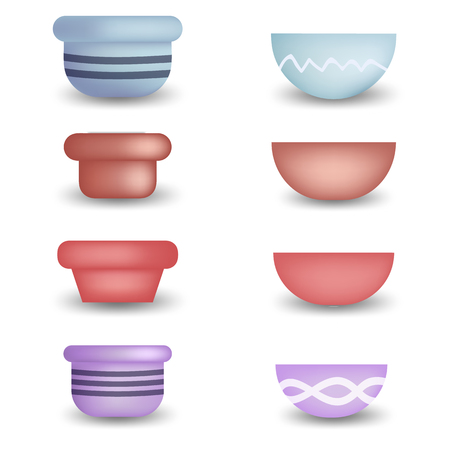 Set of different geometric flower pots. Clay pot and vase set for windowsill, home and office decoration. Vector illustration isolated on white background.のイラスト素材