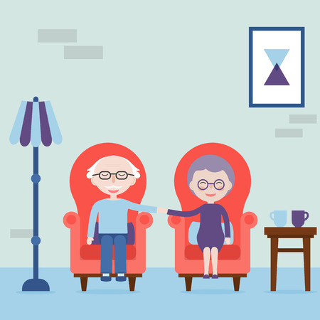 Grandfather and grandmother hold hands and sitting in armchair. Feel love always. The elderly happy and love. Vector illustration.のイラスト素材