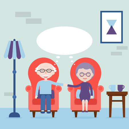 Grandfather and grandmother hold hands and sitting in armchair. Feel love always. Dreams of the elderly. The elderly happy and love. Vector illustration.のイラスト素材