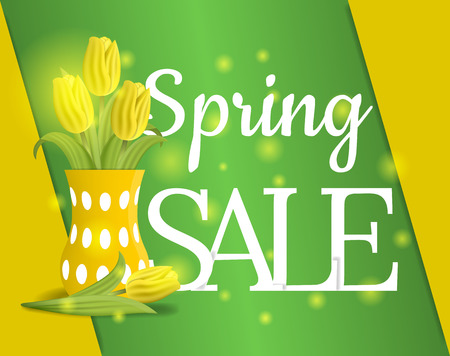 Spring Sale Banner with Bouquet of Tulips. Voucher, flyers, invitation, posters, brochure, coupon discount,greeting card. Vector illustration.のイラスト素材