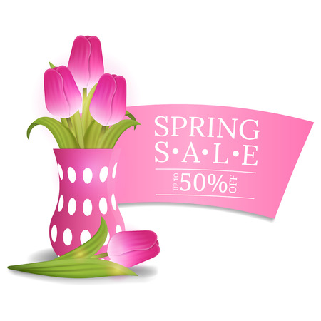 Spring Sale Banner with Bouquet of Tulips. Voucher, wallpaper,flyers, invitation, posters, brochure, coupon discount,greeting card. Vector illustration.のイラスト素材