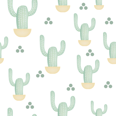 Vector seamless pattern with cactus and circles. Cute green cactus. Repeating hand drawn background.のイラスト素材