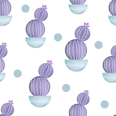 Vector seamless pattern with cactus and circles. Cute violet cactus. Repeating hand drawn background.のイラスト素材