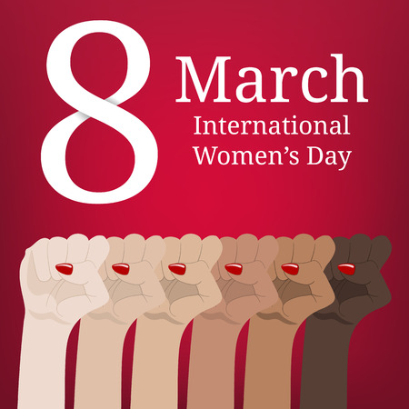 International Women's Day. Women's March. Multinational Equality. Female hand with her fist raised up. Girl Power. Feminism concept. Vector illustration for Your Design.のイラスト素材