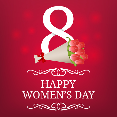 Women's Day Card with Bouquet of Tulips. 8 March. Greeting Card, Banner, Poster, Invitation. Vector illustration for Your Design.のイラスト素材