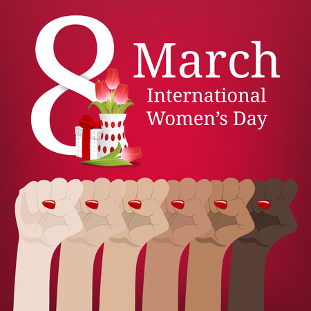 International Women's Day. Women's March. Multinational Equality. Female hand with her fist raised up. Girl Power. Feminism concept. Vector illustration for Your Design.のイラスト素材