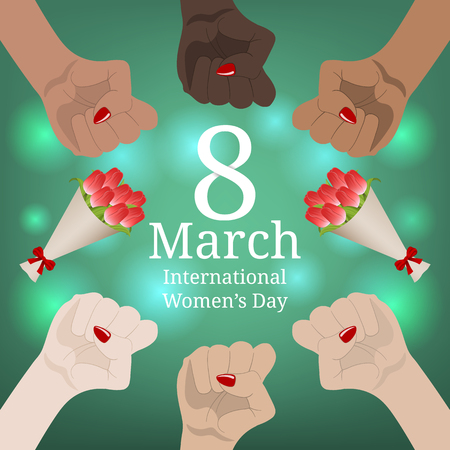 International Women's Day Banner. Women's March. Multinational Equality. Female hand with her fist raised up. Girl Power. Feminism concept. Vector illustration for Your Design.のイラスト素材