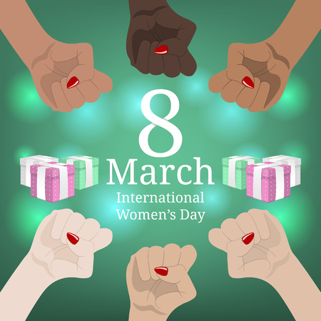 International Women's Day Banner. Women's March. Multinational Equality. Female hand with her fist raised up. Girl Power. Feminism concept. Vector illustration for Your Design.のイラスト素材