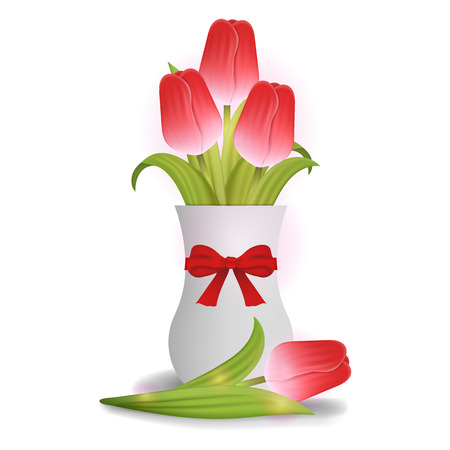 Bouquet of Red Tulips in White Ceramic Vase with Red Bow. Vector Illustration for Your Design isolated on white background.のイラスト素材