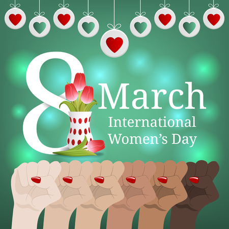 International Women's Day Greeting Card, Banner. Women's March. Multinational Equality. Female hand with her fist raised up. Girl Power. Feminism concept. Vector illustration for Your Design.のイラスト素材